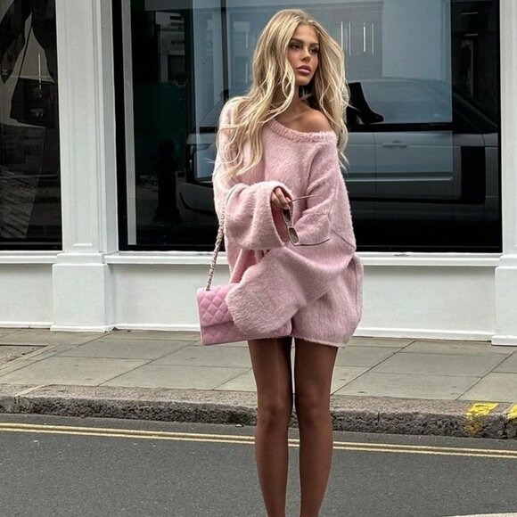 Pink Women's Casual Soft & Cozy Oversized Off-Shoulder Pullover Sweater - Picture 5 of 6